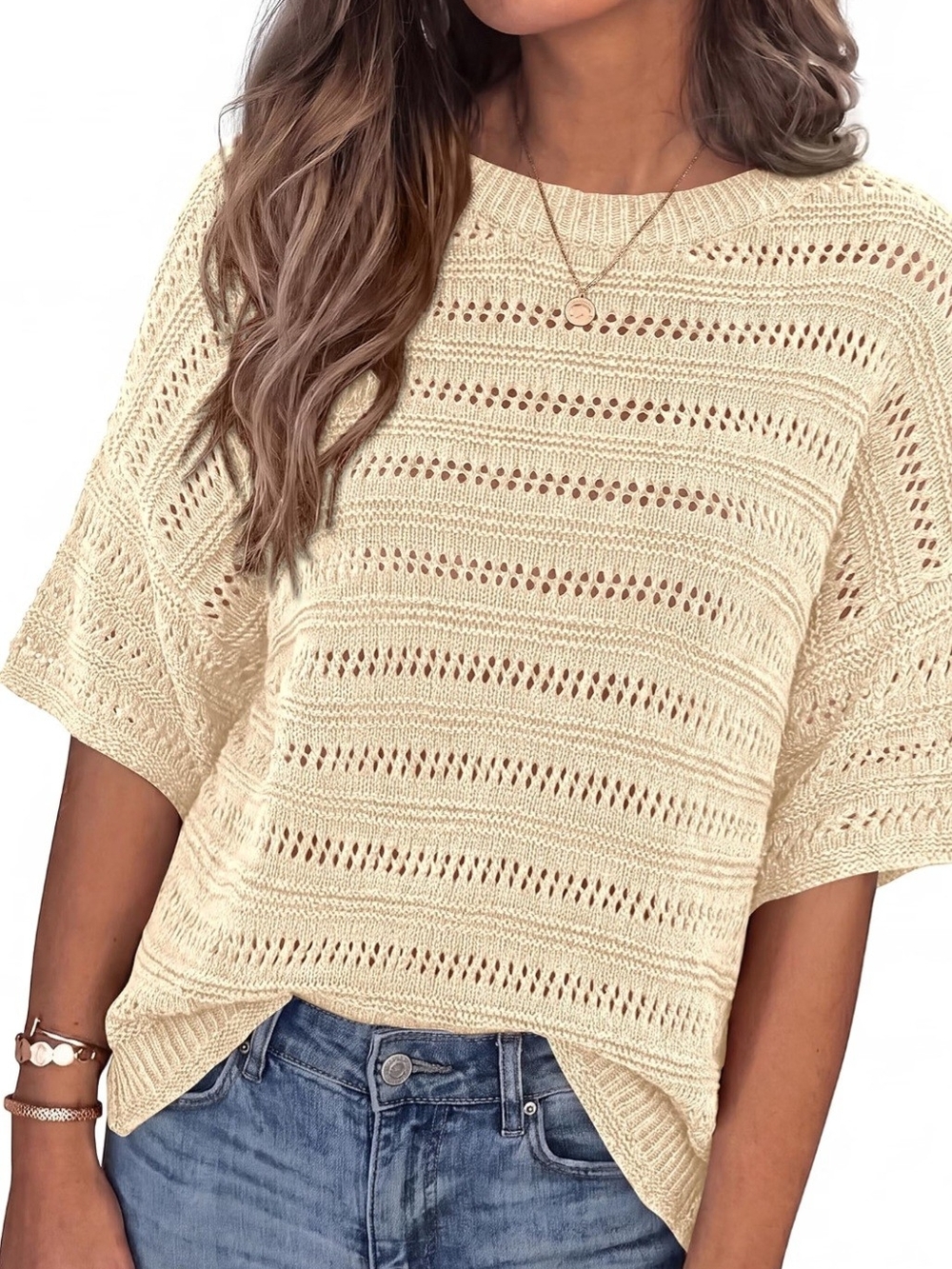 Oversized Short Sleeved Crochet Top Size Medium Color Beige